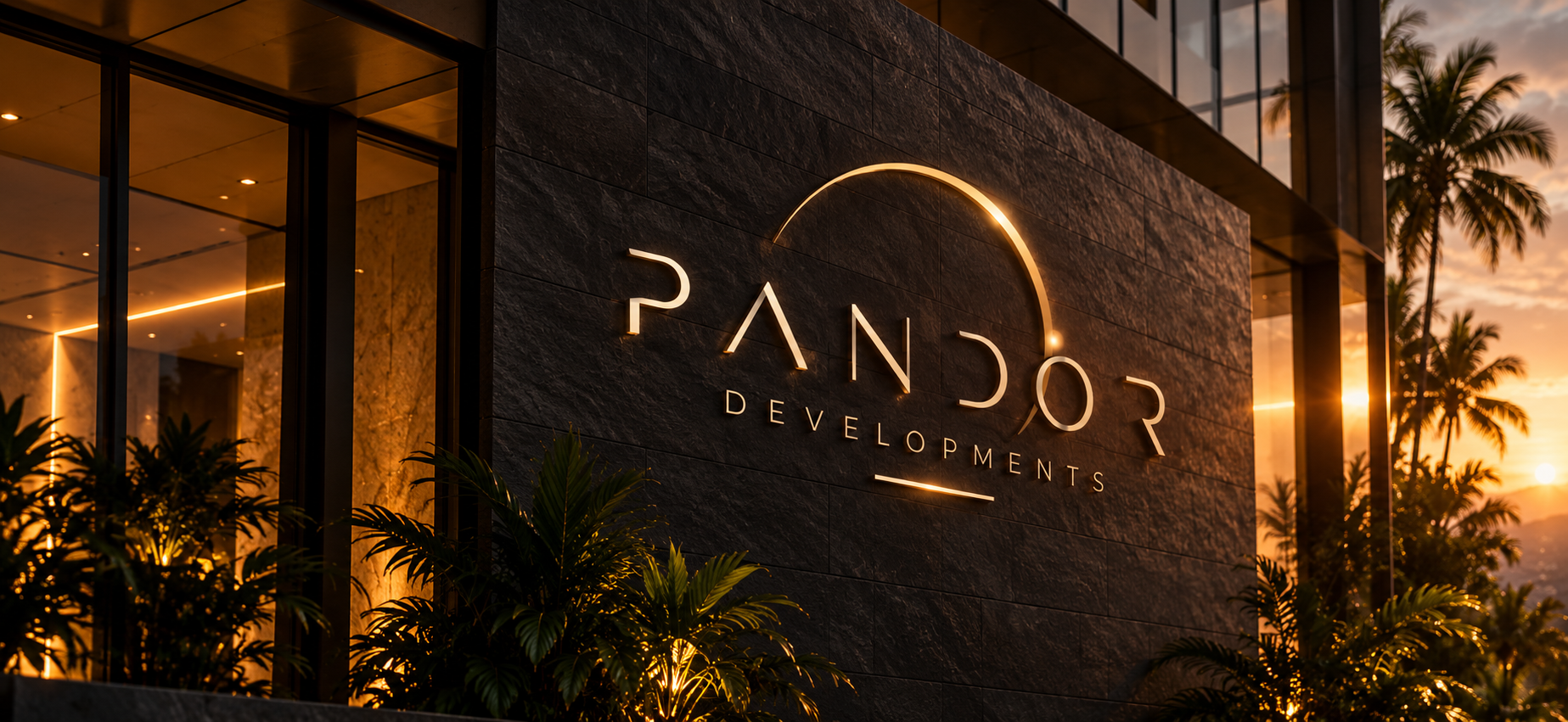 Pandor Developments building facade at sunset